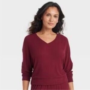 Auden Women's V-Neck Ribbed Slouchy Pullover Top - Burgundy Var Sizes | NWT